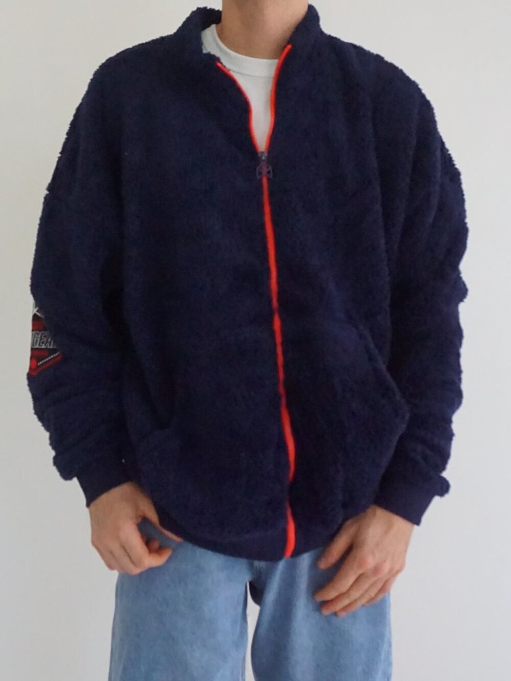 Rawgear Navy Blue Orange Zip Logo Patch Sherpa Soft Fleece Athletic Training L